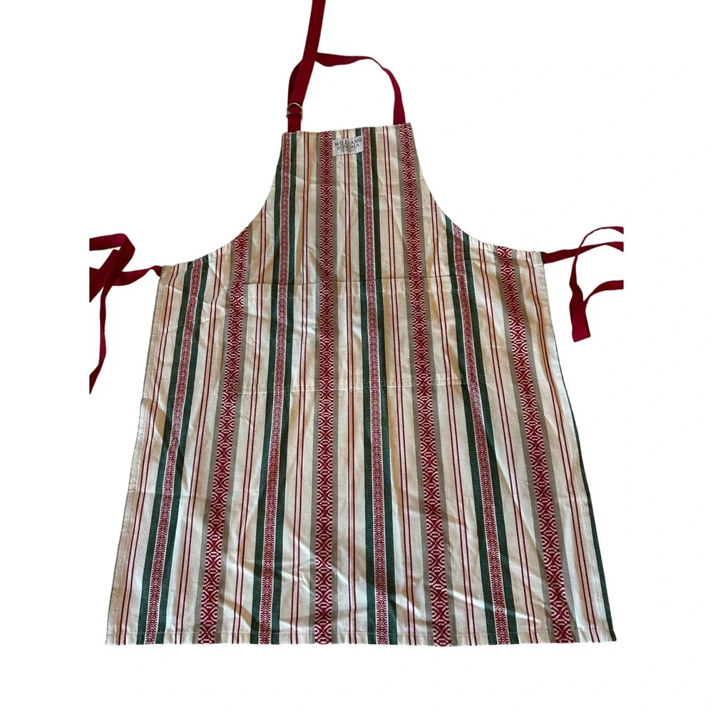 Williams Sonoma Red Green Striped Cotton Kitchen Apron Holiday Christmas 27x36